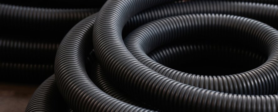 Black corrugated flexible tubing coiled indoors. Durable conduit protects electrical wires, cables. Ribbed surface offers grip, flexibility for industrial uses, installations. Suitable for