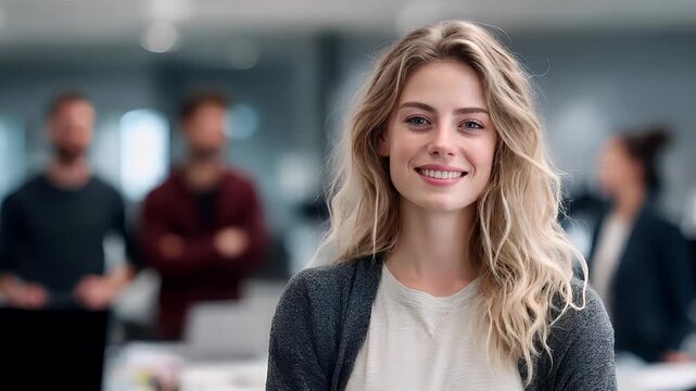 Female diversity. Human rights, equal opportunity concept. A portrait of a woman with blonde hair, wearing a white top and a gray cardigan.