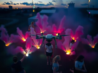 Fototapeta premium aerial drone with pink smoke bombs at dusk.