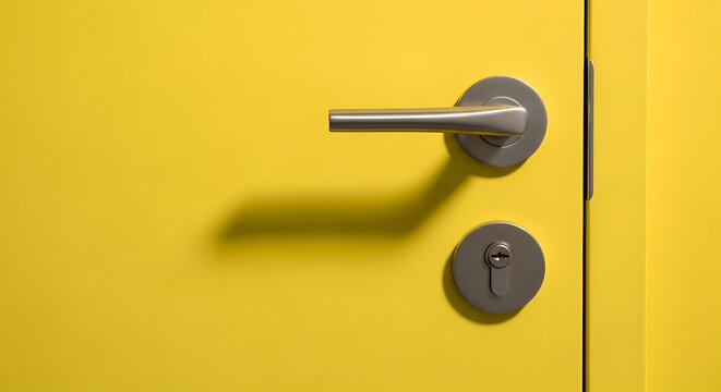 Bright yellow door with a polished metallic handle and secure keyhole, embodying the concept of entry, privacy, and new opportunities awaiting beyond the threshold