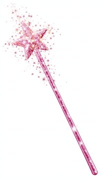 A sparkling pink glitter magic wand with a star top, emitting shimmering dust.