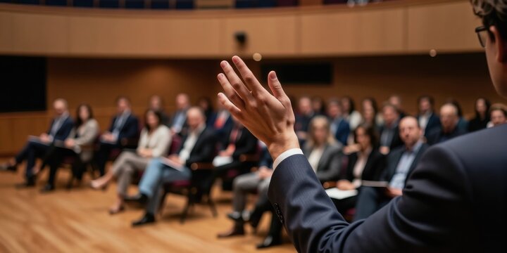 Man asks audience question in conference hall. People listen attentively in lecture room. Speaker gesture hand during talk. Business event with attendees.