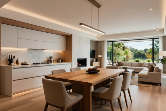 Open concept modern living area with kitchen, dining table, fireplace, and living room. Large window overlooks rich green garden and trees. Minimalist design, neutral colors. Light filled space.