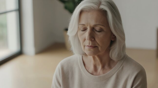 Elderly woman with grey hair meditates indoors with eyes closed. She sits peacefully, finding inner calm and quiet reflection in her home. A moment of pure tranquility.