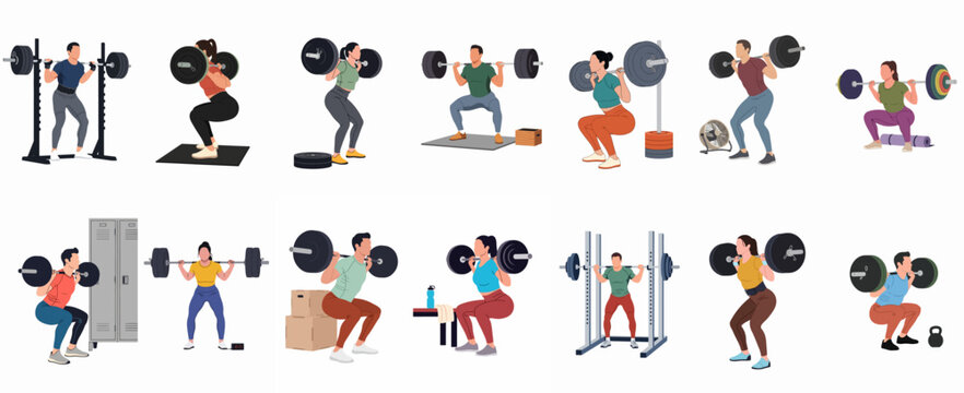 Flat vector illustrations of diverse people performing barbell squats in a gym setting for strength training and bodybuilding collection.