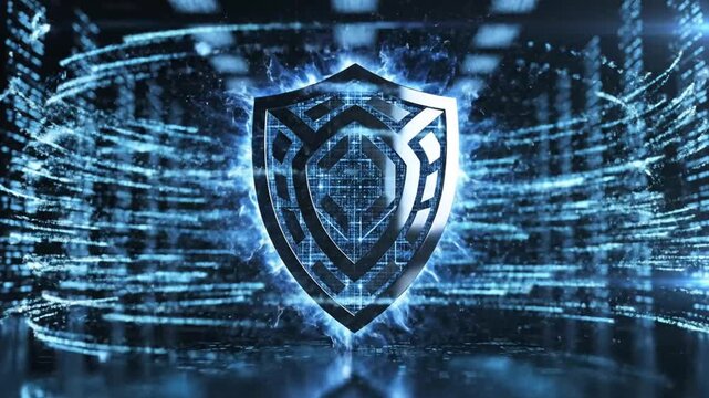 Digital shield with glowing blue circuits.