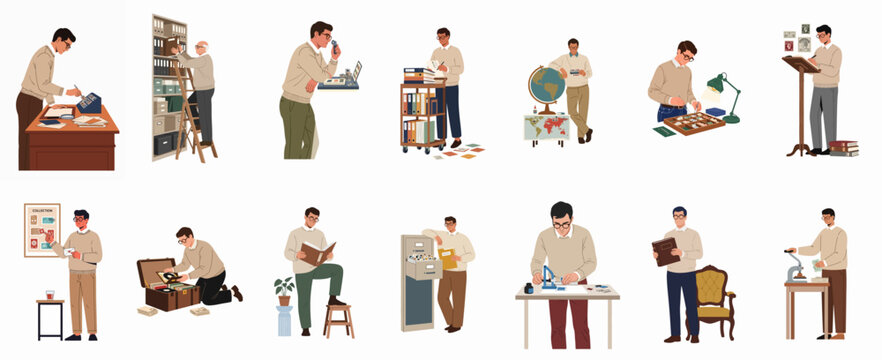 Flat vector illustration set of men engaged in various hobbies and archival activities like collecting stamps, coins, vinyl records, and books.