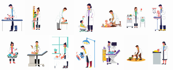 Fototapeta premium Vector illustration set of pediatricians examining and caring for infants and toddlers in various medical settings, highlighting professional child healthcare and wellness services.
