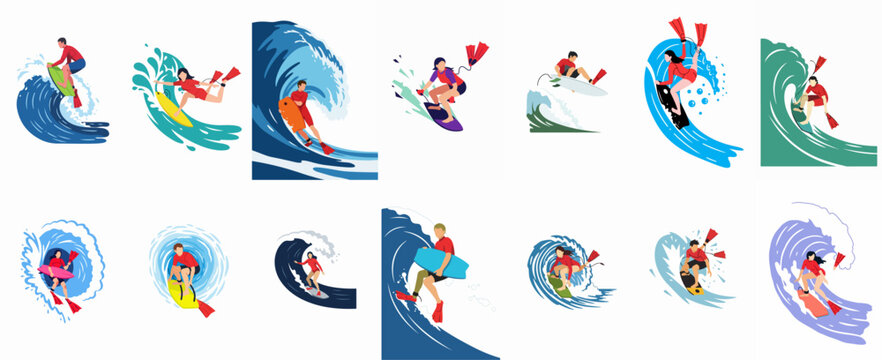 Set of diverse vector illustrations featuring male and female surfers and bodyboarders riding powerful waves in the ocean.