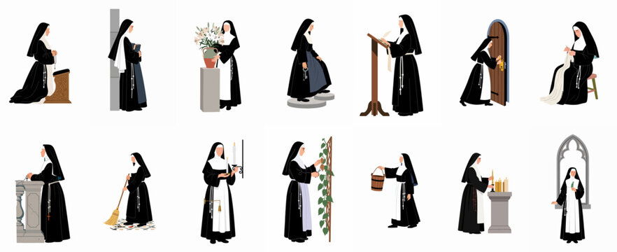 Collection of Catholic Nuns Performing Daily Tasks and Devotional Activities in Traditional Habits, Isolated on a White Background