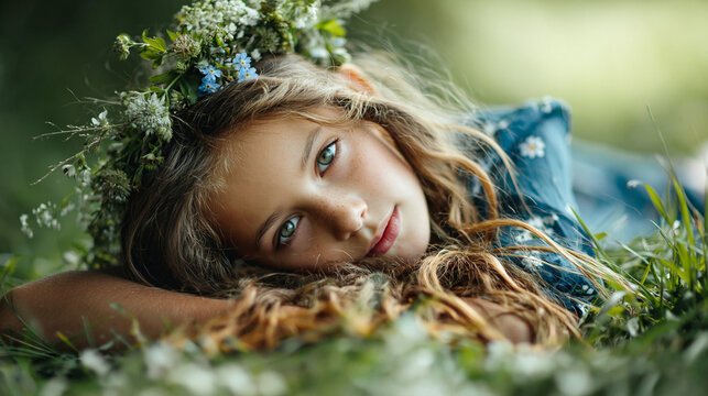 Young girl with flower crown lying on grass in natural setting. Girl laying on grass with flower crown full body