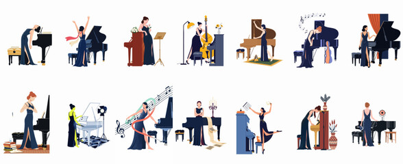 Elegant woman in evening gown performing and posing with various pianos and musical instruments in a collection of flat vector illustrations. © Cristina