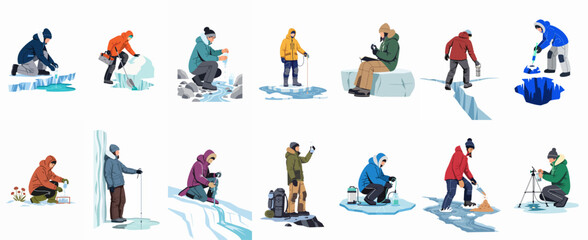 Flat vector illustrations of polar researchers and scientists conducting field studies and collecting water samples in arctic glacial environments. © Cristina