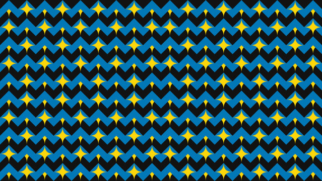 A vibrant seamless geometric pattern featuring repeating blue and black chevron stripes accented by bright yellow four-pointed stars.