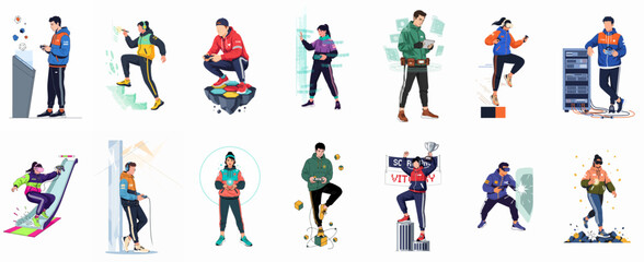 Diverse set of character illustrations representing esports, virtual reality, gaming, and futuristic technology activities, ideal for digital lifestyle and entertainment concepts. © Ricardo