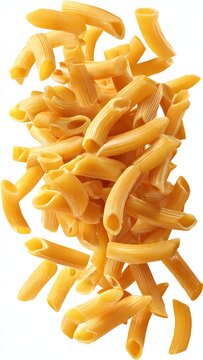 A pile of uncooked penne pasta tubes, a popular Italian pasta shape, photographed against a white background.