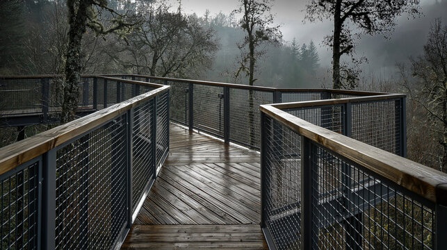 Wooden observation deck with railing in foggy forest environment. Viewing platform with metal mesh fencing