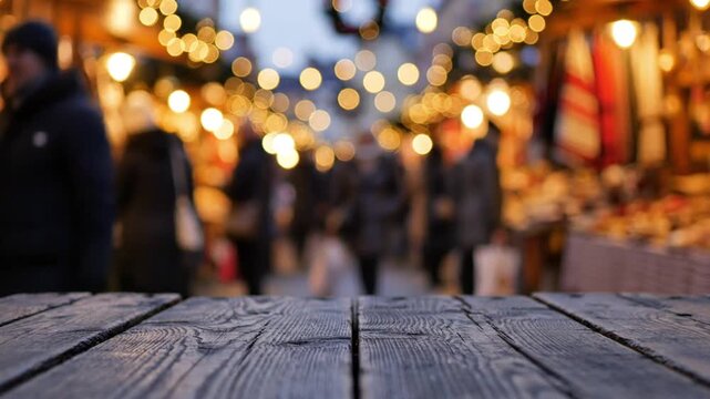 Empty rustic wooden table with blurred festive christmas market background and warm bokeh lights