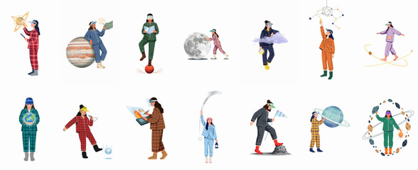 Diverse characters in pajamas exploring space and interacting with planets, stars, and celestial bodies in a dreamlike, imaginative flat vector illustration style. © Cristina