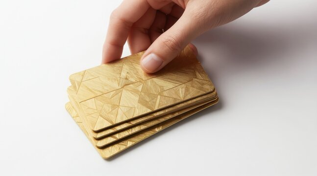 Hand holds stack of gold metal business cards. Unique geometric pattern design on luxury cards. Pro contact exchange for business networking. Elegant material for premium identity.