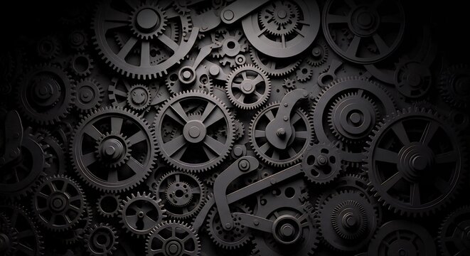 A detailed close-up of interconnected matte black gears and mechanical parts arranged in a complex industrial system with dramatic lighting.