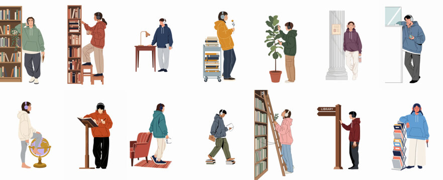 Set of diverse students in hoodies and headphones engaged in library study activities, featuring flat vector illustrations of modern academic life.