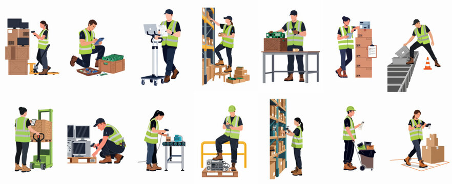 Flat vector illustrations of warehouse workers managing inventory, scanning barcodes, and recycling electronic waste in a logistics distribution center environment.