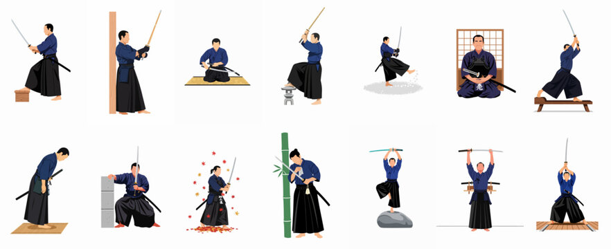 Set of 14 detailed vector illustrations of a samurai or kendo practitioner performing various martial arts poses, stances, and sword techniques.