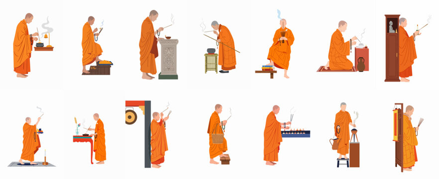 A set of illustrations depicting Buddhist monks in orange robes performing various religious rituals, prayers, and offerings with incense and candles.