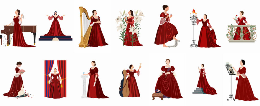Set of elegant Victorian opera singers and musicians in red gowns performing in various theatrical and musical scenes.