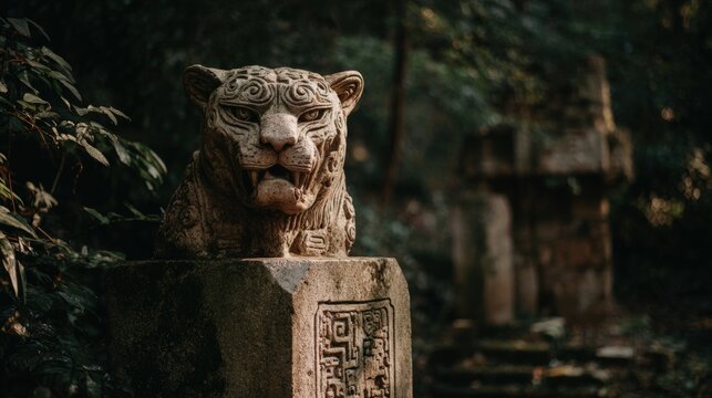 Maya Aztec civilization, Mexico culture. Mysterious, fantasy. A stone sculpture of a fierce tiger, intricately carved with detailed patterns, sits atop a rectangular stone block.