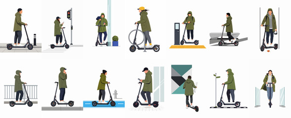 Collection of flat vector illustrations featuring diverse people in autumn outerwear using electric scooters for urban commuting and city mobility. © Ricardo