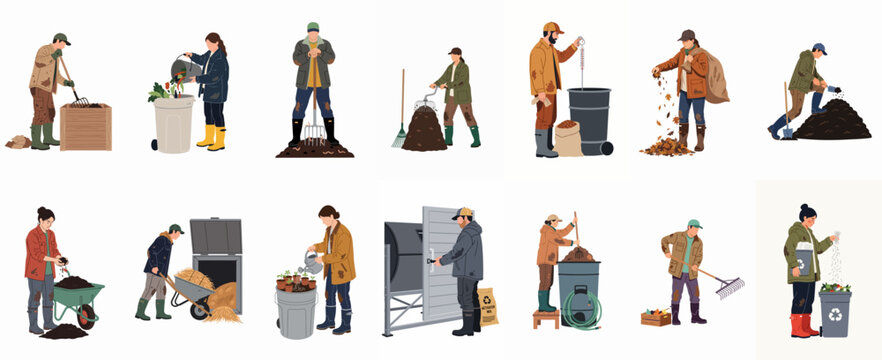 Vector illustration set of people composting organic waste, using tools like pitchforks, wheelbarrows, and bins for sustainable gardening and soil enrichment.