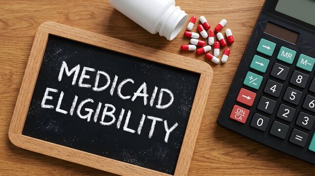 Professional Medicaid eligibility chalkboard with red capsules and digital calculator for evaluating government healthcare subsidy compliance.