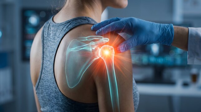 Cinematic female athlete with digital musculoskeletal shoulder visualization highlighting inflammation for orthopedic treatment optimization in a clinic.