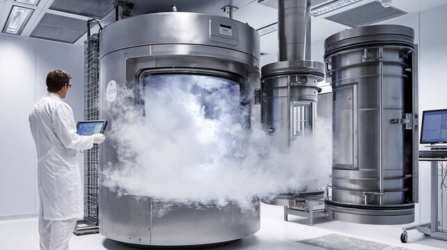 Scientist working with advanced cryogenic equipment in laboratory. Cryogenic storage unit in lab