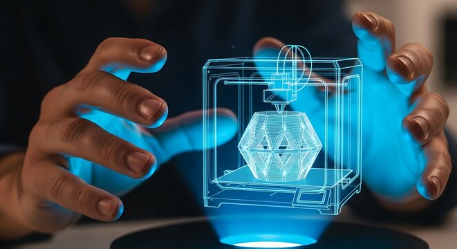 Rapid prototyping and 3D printing. A close-up of an engineer's hands watching a hologram of a 3D printer building a complex object layer by layer.