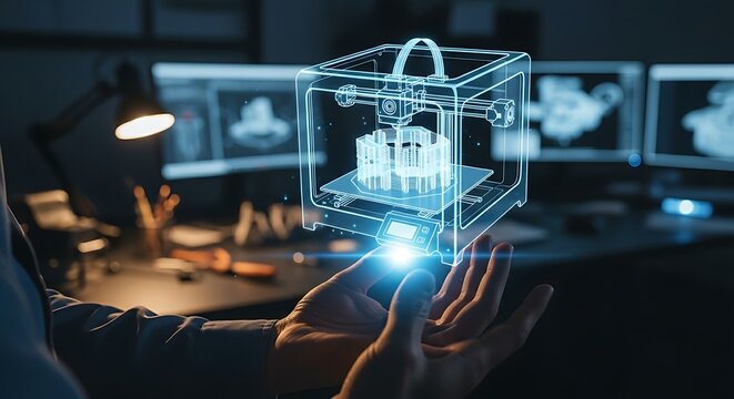 Rapid prototyping and 3D printing. A close-up of an engineer's hands watching a hologram of a 3D printer building a complex object layer by layer.