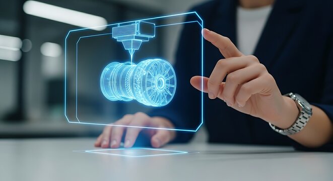 Rapid prototyping and 3D printing. A close-up of an engineer's hands watching a hologram of a 3D printer building a complex object layer by layer.