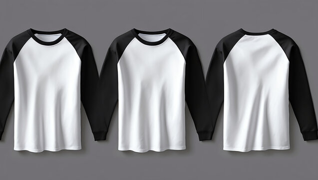 men's short-sleeve raglan t-shirt mockup in front, side and back views, design presentation for print, 3d illustration, 3d rendering 