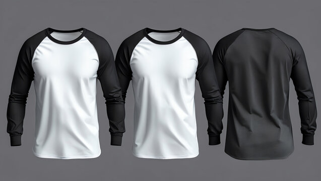 men's short-sleeve raglan t-shirt mockup in front, side and back views, design presentation for print, 3d illustration, 3d rendering 