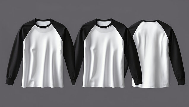 men's short-sleeve raglan t-shirt mockup in front, side and back views, design presentation for print, 3d illustration, 3d rendering 