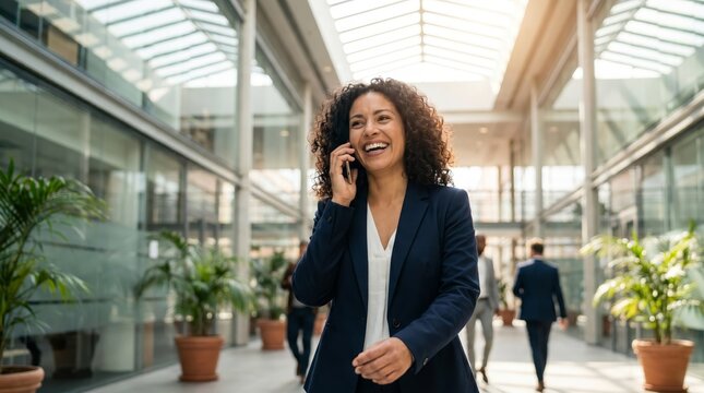 Happy Latin businesswoman walking through sunny office atrium talking
