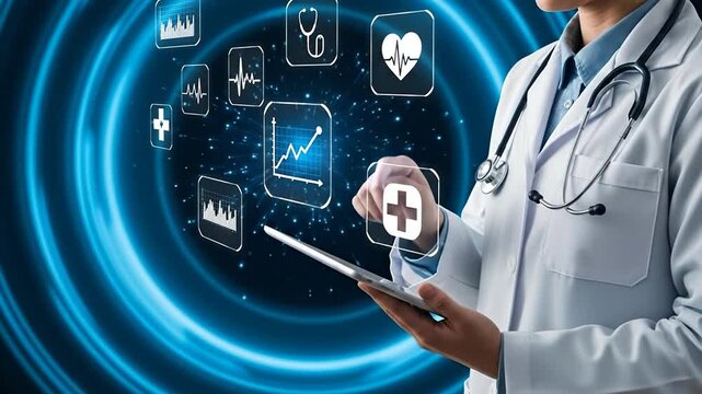 Healthcare Technology: A medical professional utilizes cutting-edge technology, navigating digital interfaces to visualize vital signs, analyze data, and optimize patient care.