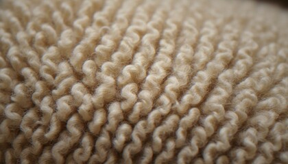 A close-up view of the dense, wavy texture of off-white sheep wool, highlighting the natural crimp and soft fiber structure of the textile material. © Varos
