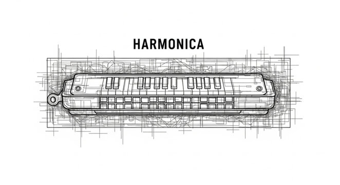 Harmonica Musical Instrument Blueprint Sketch.