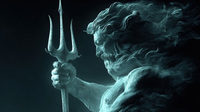 Greek mythology sea god Poseidon. Fantasy. A dramatic portrayal of Poseidon, the Greek god of the sea. Poseidon is depicted in a side profile, holding a trident in his right hand.