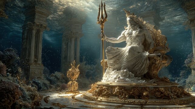 Greek mythology sea god Poseidon. Fantasy. A vivid underwater scene features a majestic statue of Poseidon, the Greek god of the sea. Poseidon is seated on a throne.