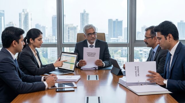 Senior Indian male executive reviewing company acquisition documents