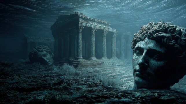 Greek mythology sea god Poseidon. Fantasy. A vivid underwater scene depicts a colossal statue of a human head with intricate, curly hair. The statue is set against a backdrop of a grand.